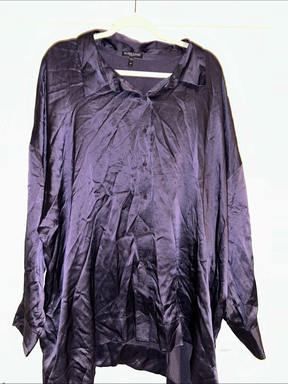 Eileen Fisher Deep Purple Satin Button-Down Shirt